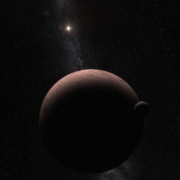 艺术示意图:鸟神星和新发现的小卫星。鸟神星系统到太阳的距离要比地球到太阳的距离远50倍以上